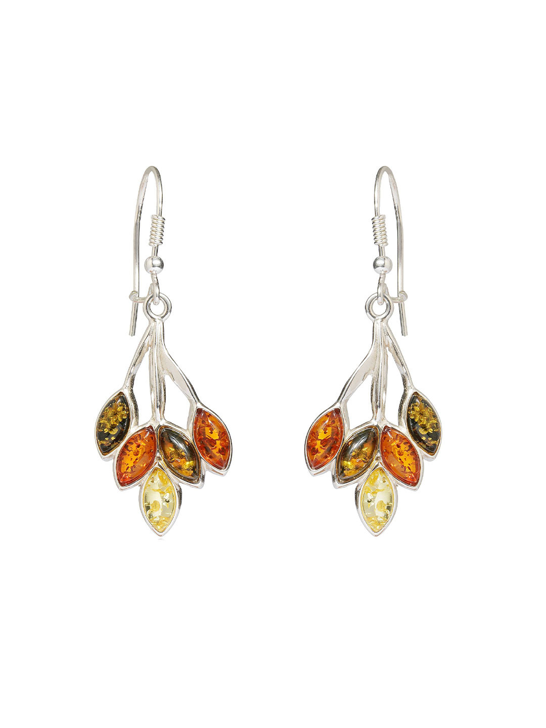 Asteri Shine On Sterling Silver Multicolor European Baltic Amber Five-Leaves Twig Earrings