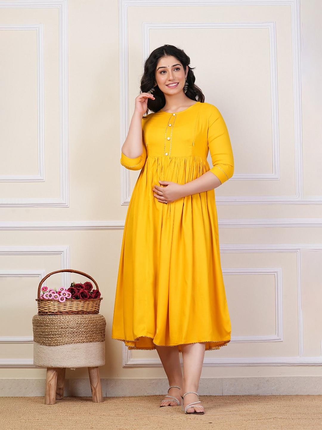 outfit 4 you Round Neck Maternity A-Line Midi Kurta