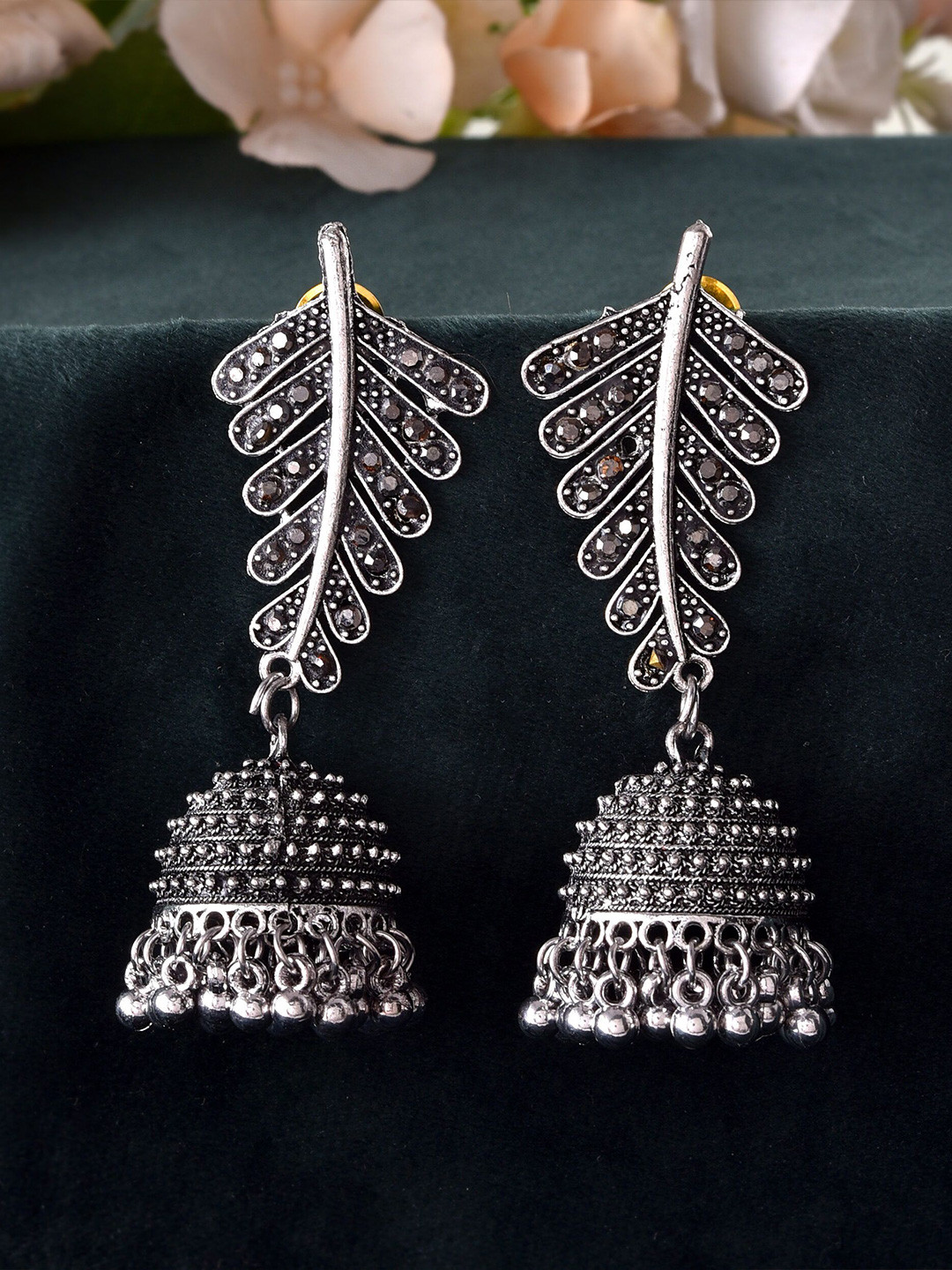 VOJ Stainless Steel Silver-Plated Ghungroos Beaded Dome Shaped Oxidised Jhumkas