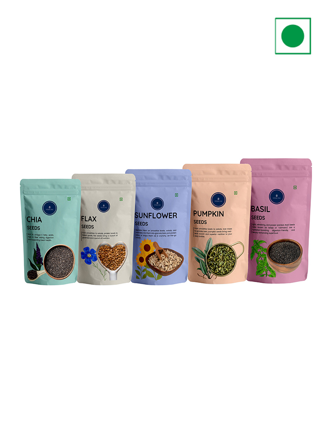 VEDICINE Set Of 5 Chia Flax Sunflower Pumpkin Basil Seeds - 100gm Each