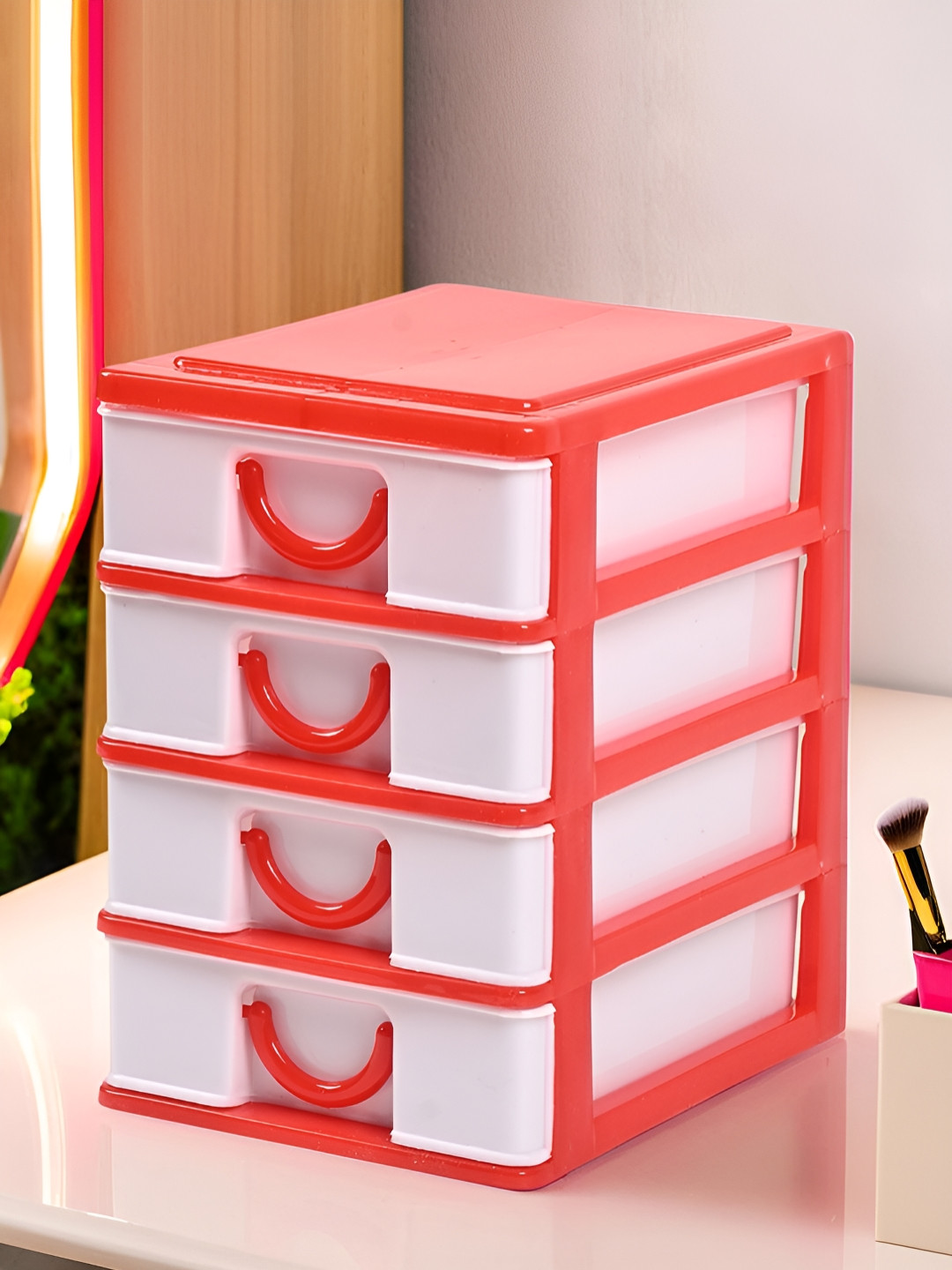 Aura White & Red 4-Layer Plastic Cabinet Drawer Storage Organisers