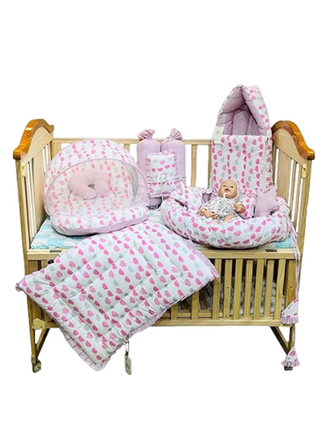 Fareto Infants Pink & White Printed Cotton Baby Bed Set