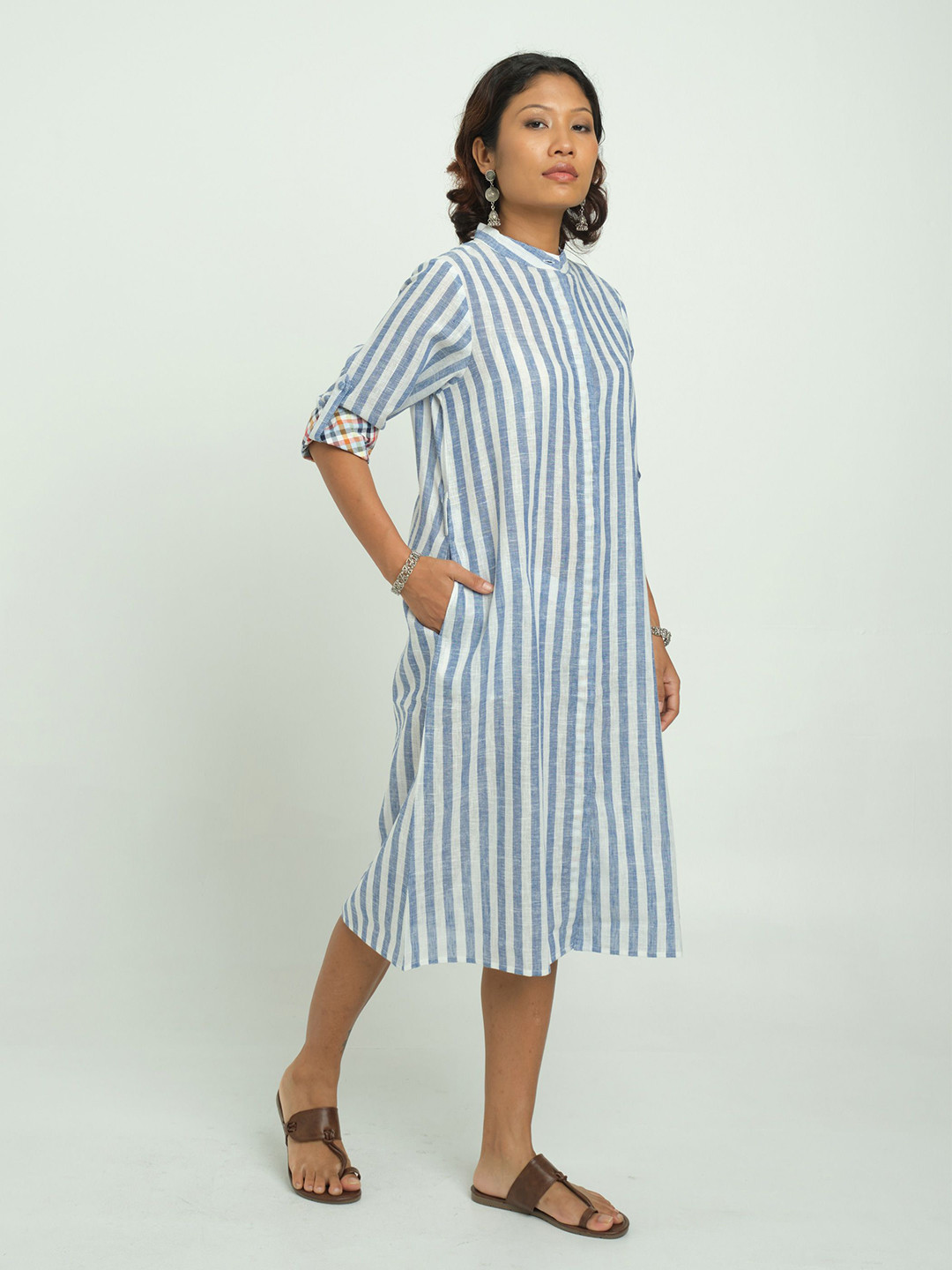 CYAN Striped Roll-Up Sleeves Midi Dress