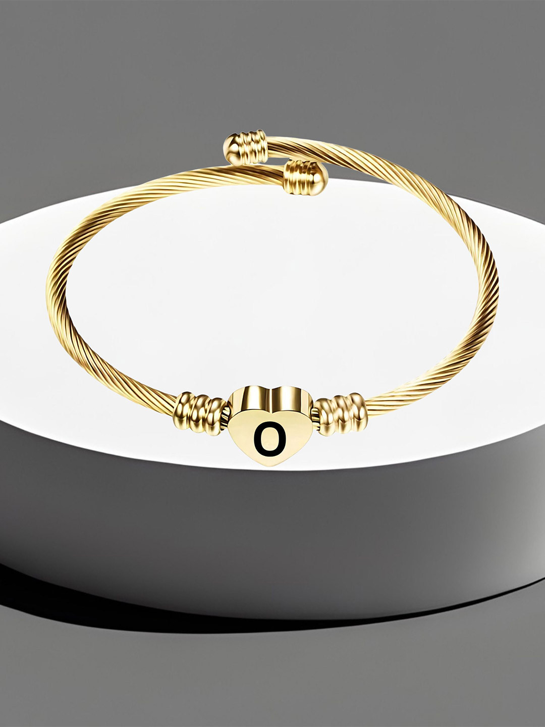 M Men Style Gold-Plated Stainless Steel Heart Initials Engraved O Cuff Bracelet