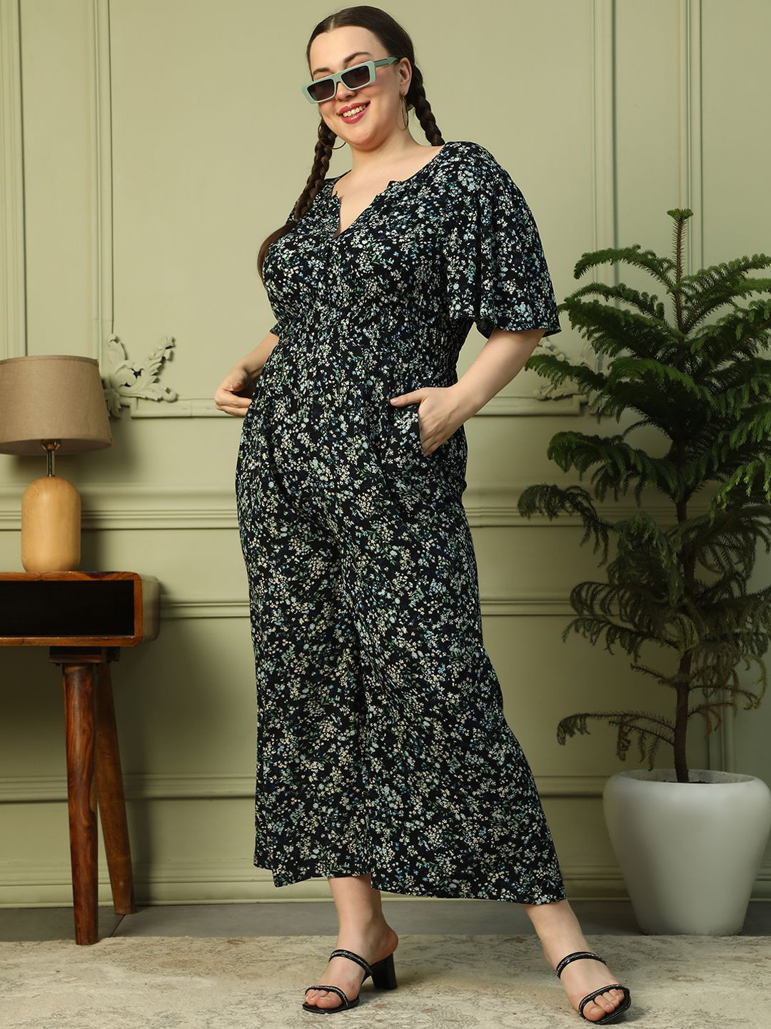 Oxolloxo Plus Size Floral Print V-Neck Short Sleeve Elasticated Jumpsuit