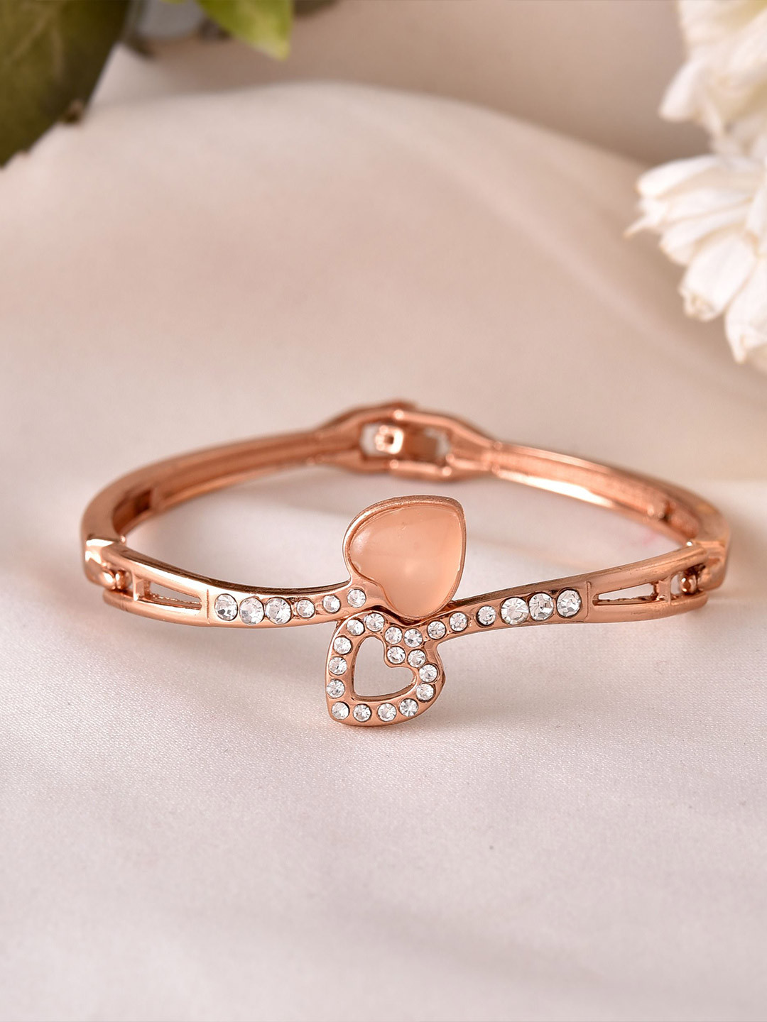VOJ Stainless Steel Gold-Plated Artificial Stone Studded Heart Shaped Wraparound Bracelet