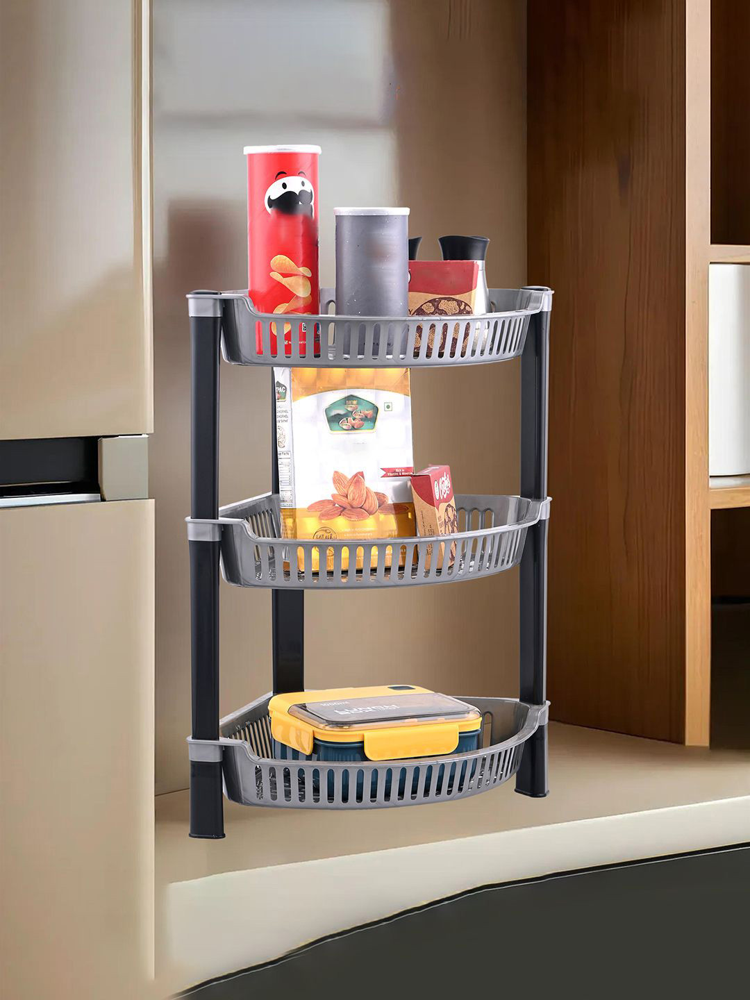 Kuber Industries Silver Toned 3 Tier Folding Fruit & Vegetable Basket Stand