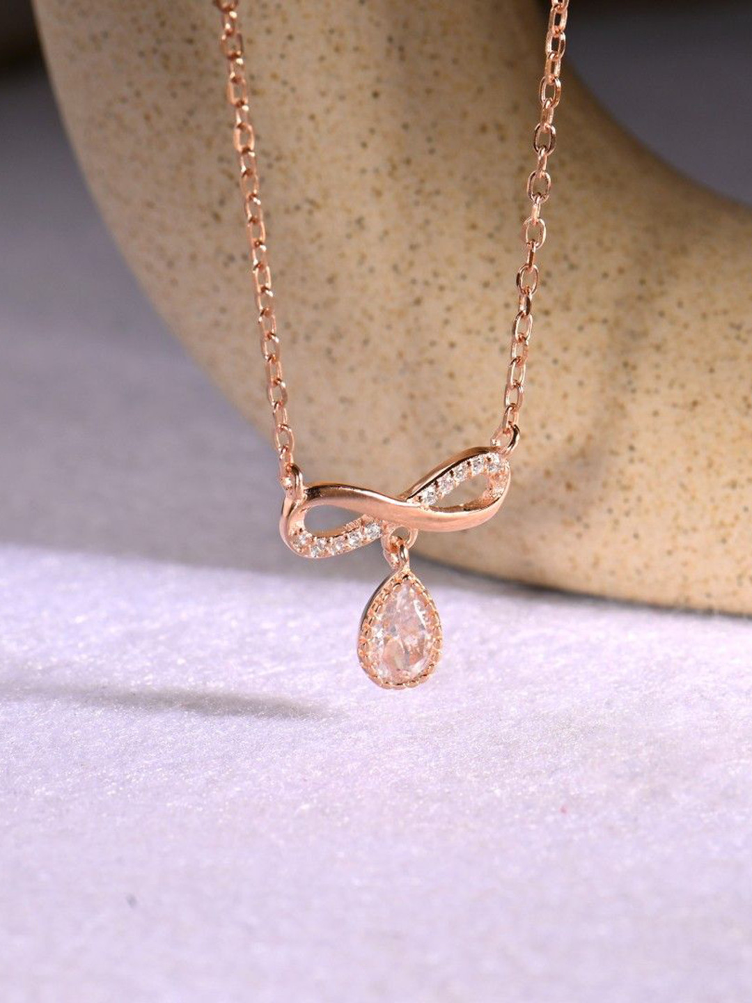 RACHIVA 925 Sterling Silver Infinity Tear Drop Rose Gold Pendant with Link Chain