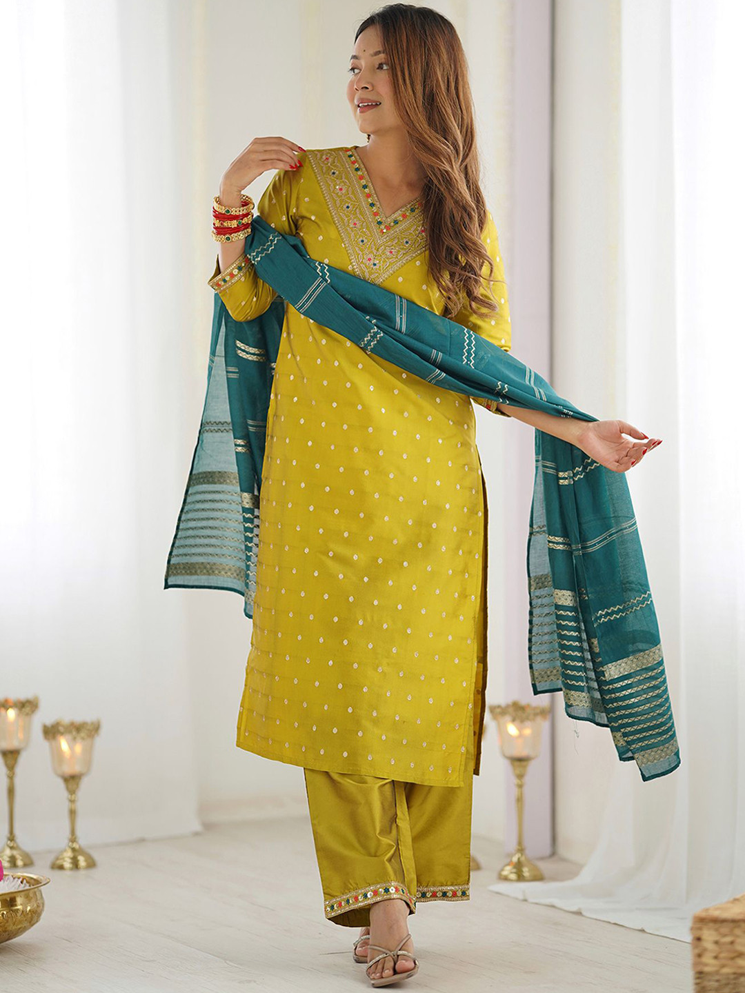 Moda Rapido Floral Embroidered Thread Work Art Silk Straight Kurta & Palazzos And Dupatta