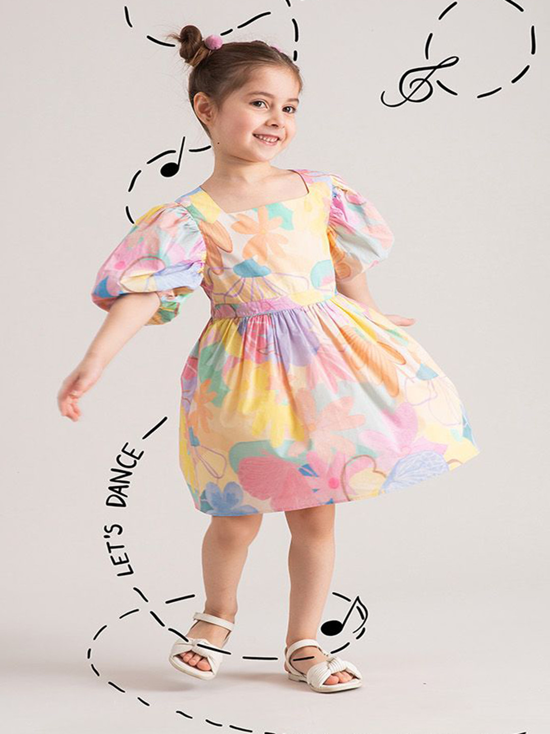 THE BABY TRUNK Girls Floral Printed Square Neck Puff Sleeves Above Knee A-Line Dress