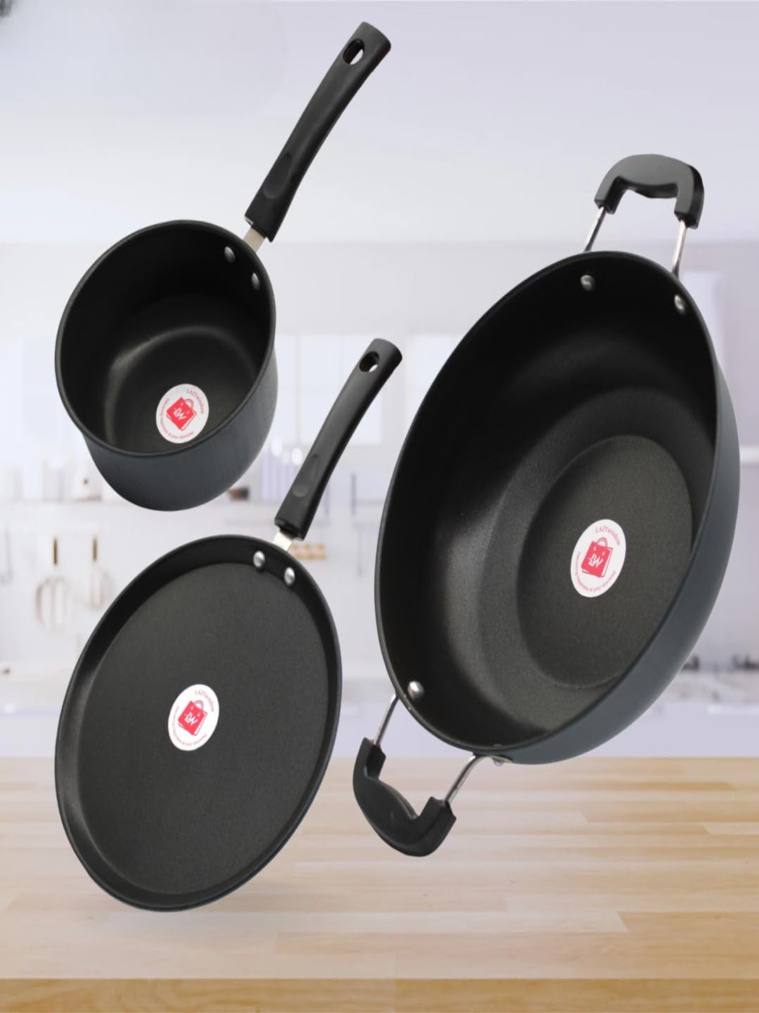 LAZYwindow Black 3 Pieces Stainless Steel Nonstick Tawa With Souce Pan And Kadhai