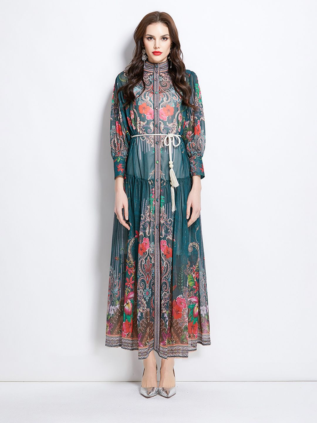 JC Collection Women Paisley Printed Semi Sheer Belted Maxi Dress
