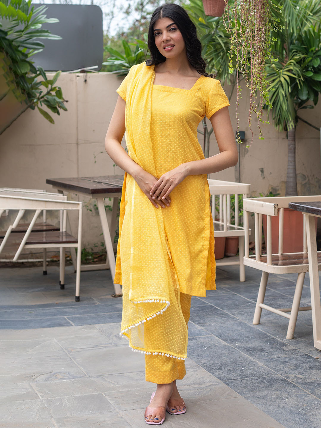 SUKITI Bandhani Printed Square Neck Kota Doriya Straight Kurta With Trouser And Dupatta