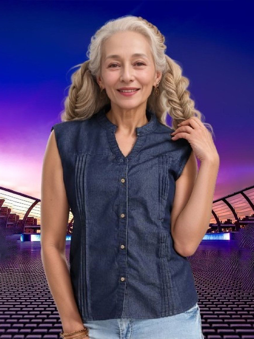 GIRLS WITH WINGS Women Self Design Regular Fit Mandarin Collar Denim Shirt