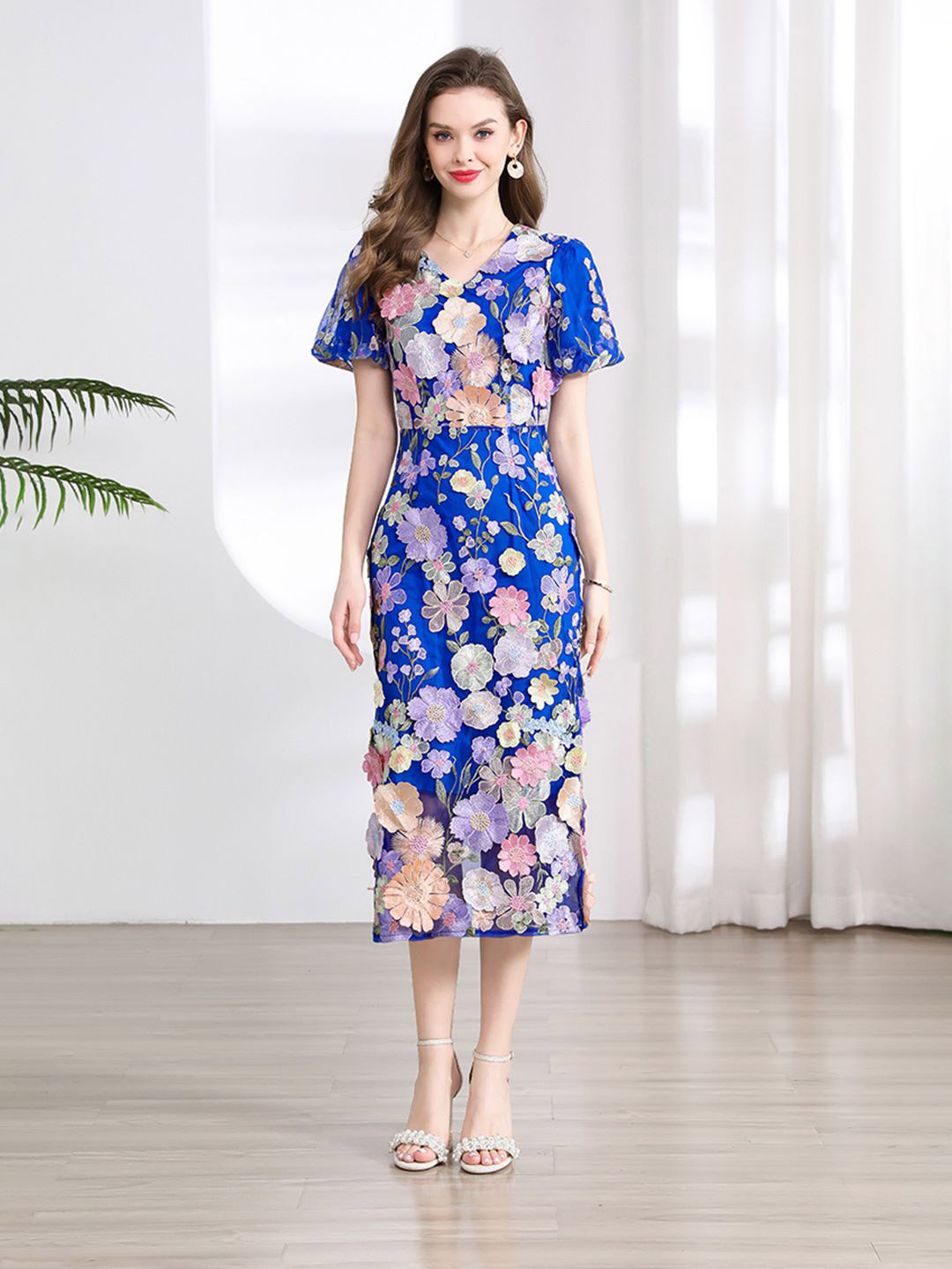 JC Collection Women Floral Applique Sheath Midi Dress
