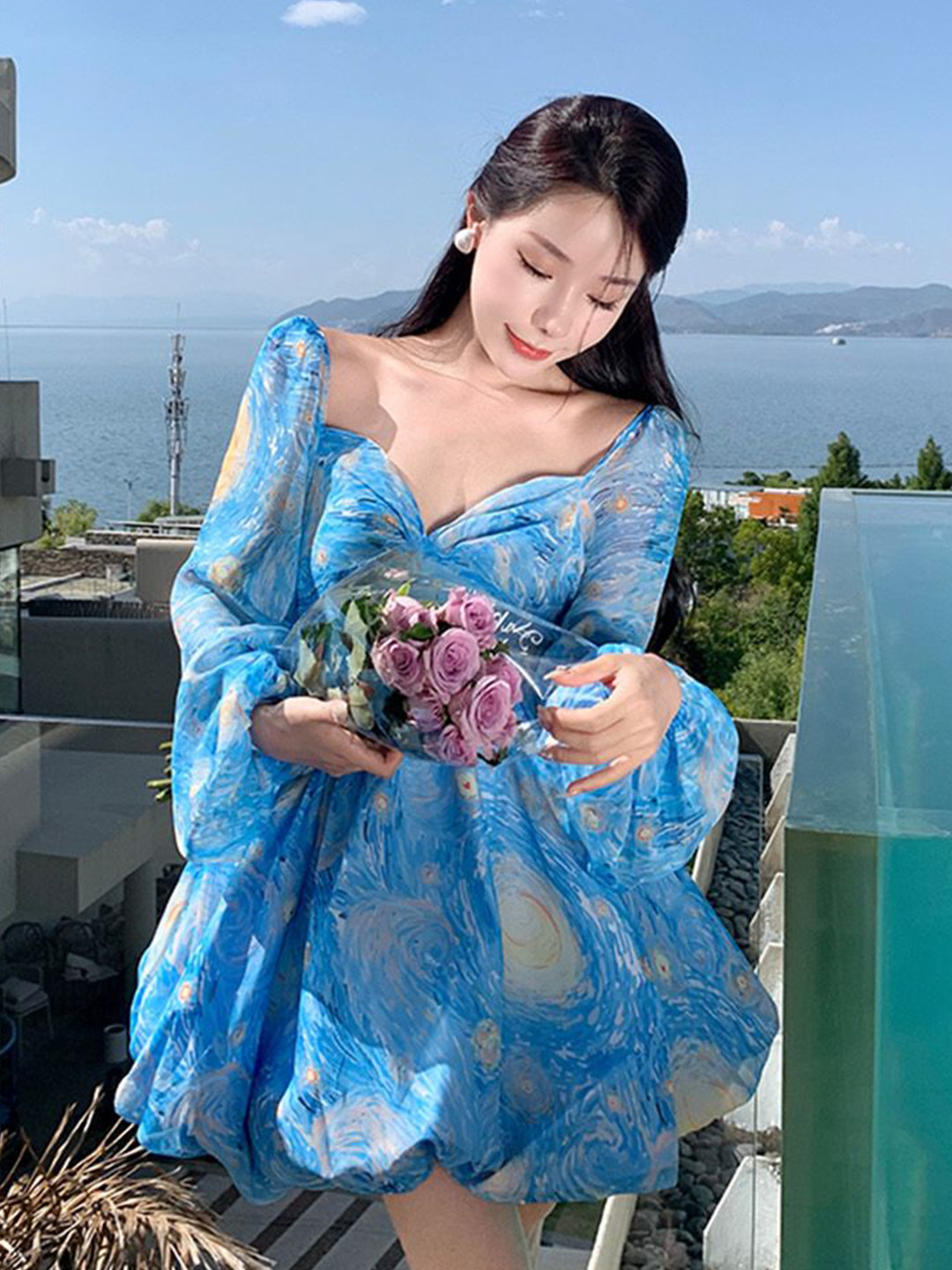 JC Mode Floral Print Bishop Sleeve Ballooon Dress