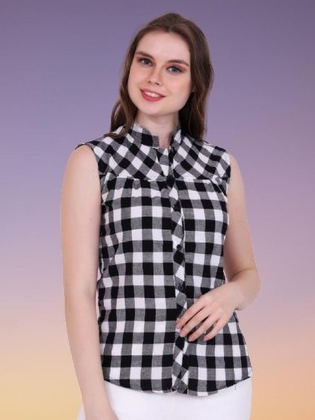 GIRLS WITH WINGS Women Regular Fit Checked Mandarin Collar Casual Shirt