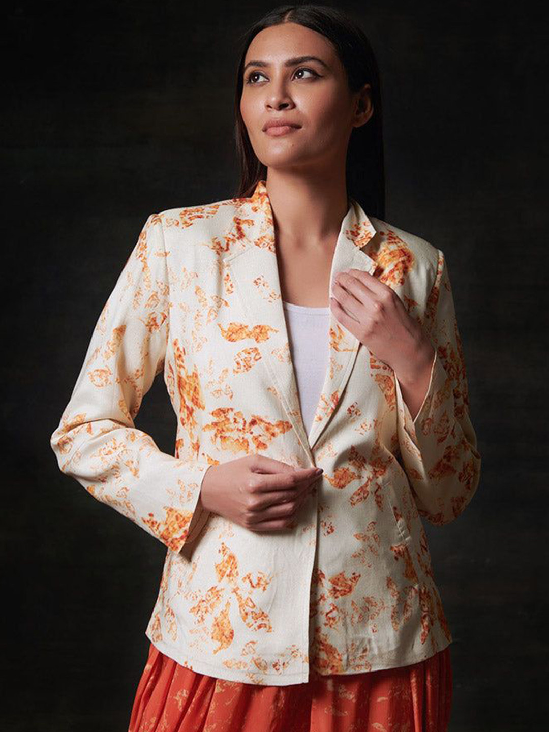 SAUNDH Women Floral Satin Crop Tailored Jacket with Embroidered