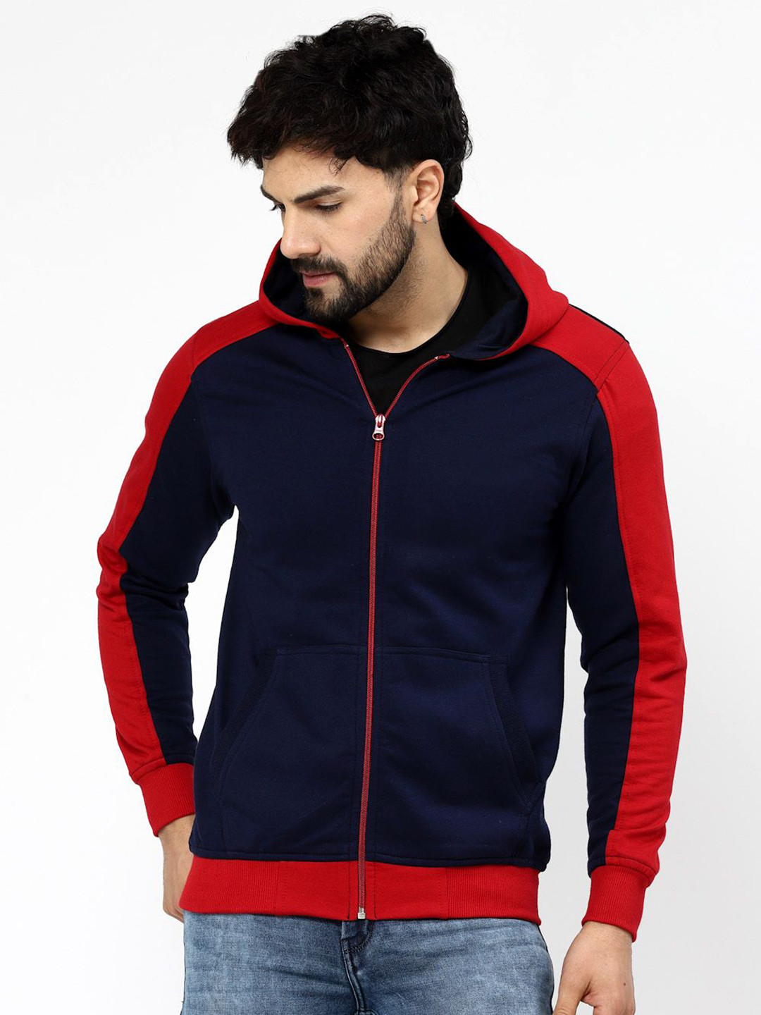 Kalt Men Full Sleeves Zipper Fleece  Colourblocked Sweatshirt