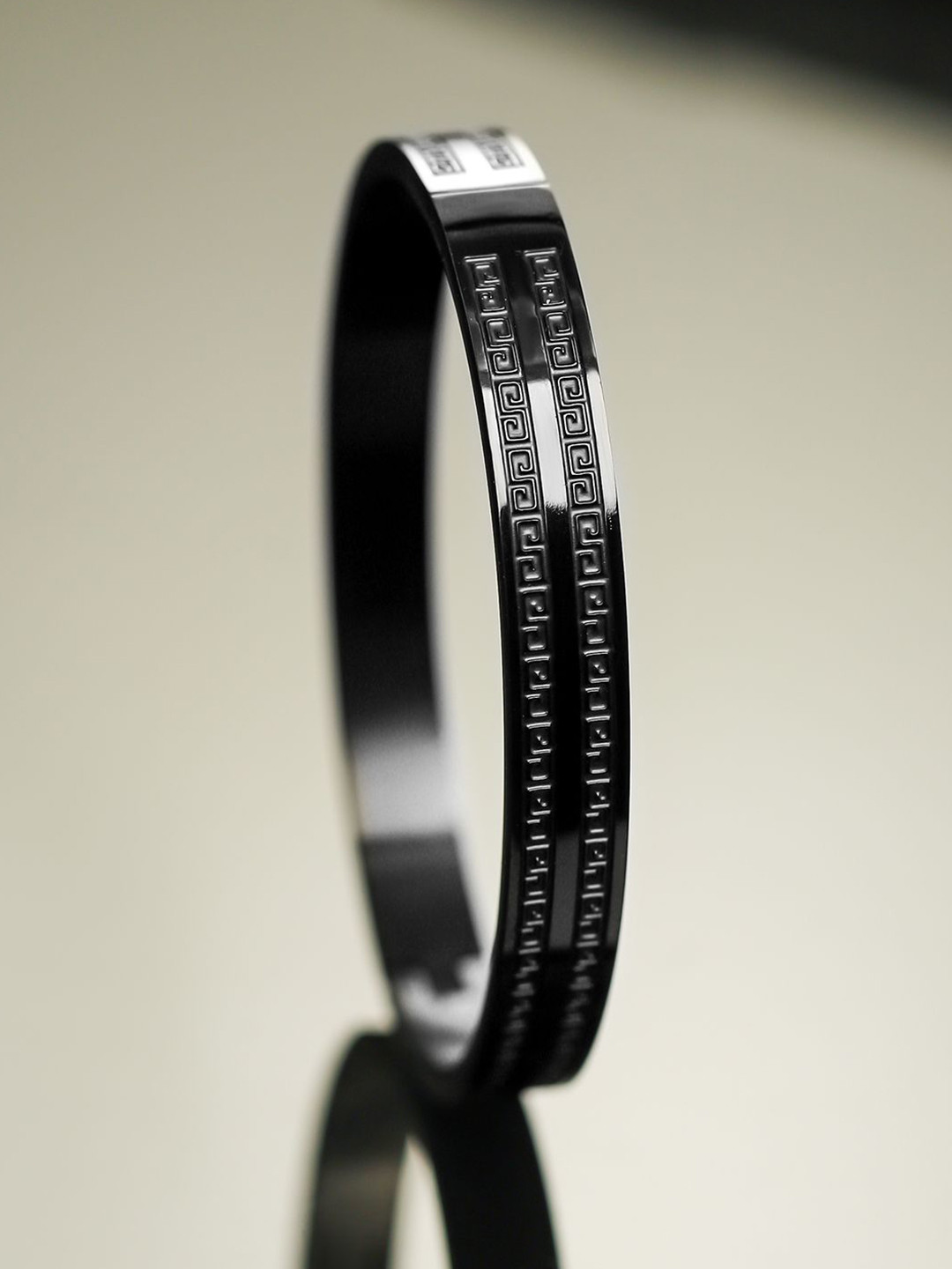 Roadster Men Black Stainless Steel Greek Key Engraved Statement Bracelet