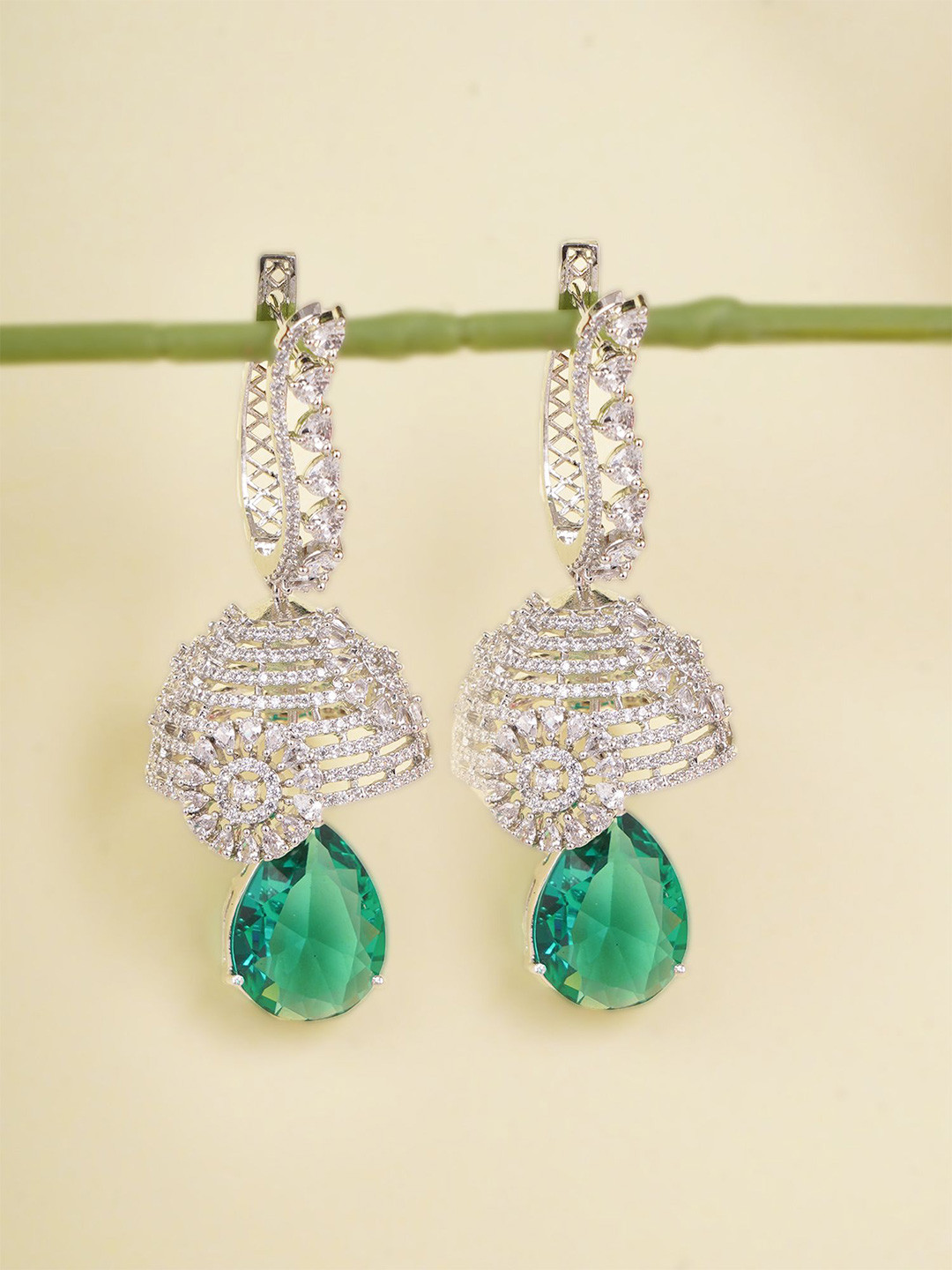Anouk Rhodium-Plated Emerald & American Diamond Studded Dome Shaped Jhumkas