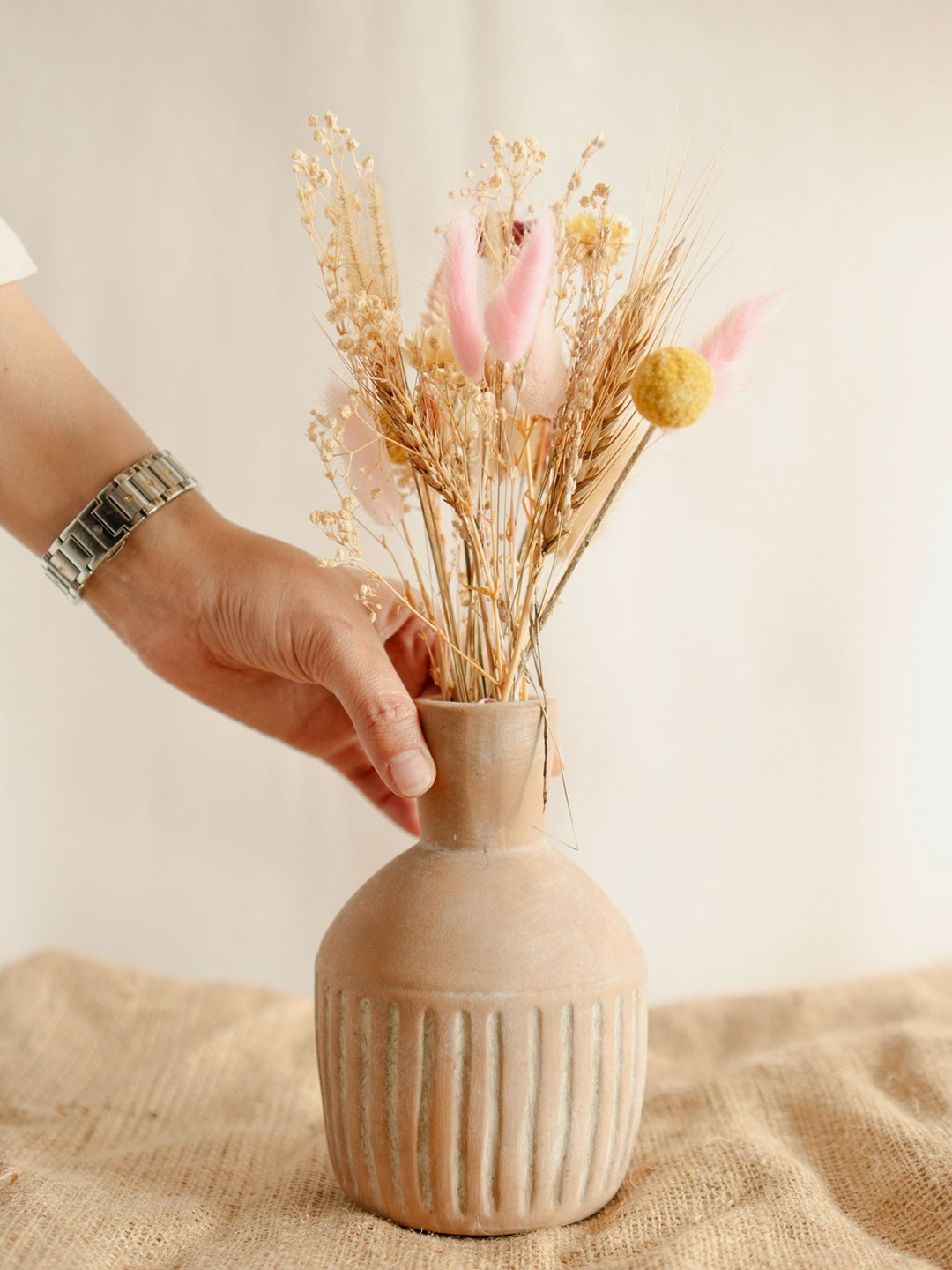 ArteCasa Earth's Embrace Beige & Orange-Colored Striped Vases With Bunch