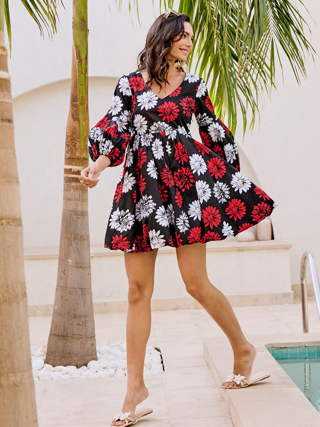 HOUSE OF FETT Women Sanur Floral Printed Balloon Mini Dress