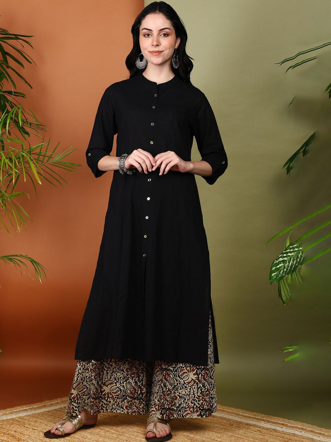KALINI Mandarin Collar Cotton Slub A-Line Kurta With Kalamkari Printed Palazzos