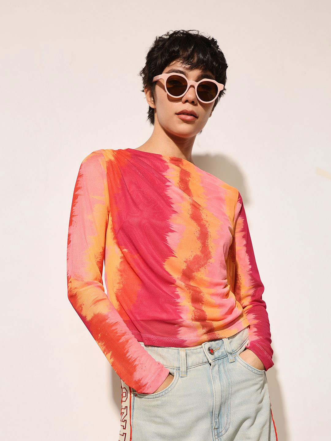 ONLY Women Abstract Printed Gathered or Pleated Boat Neck Top
