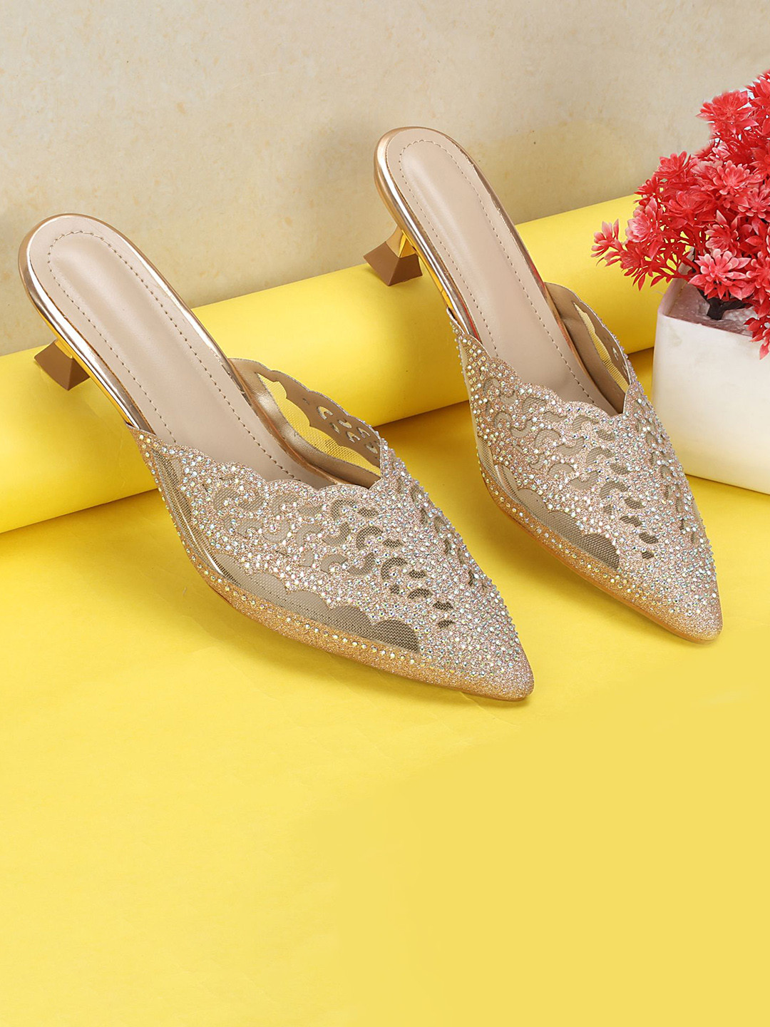 Commander Shoes Embellished PU Party Stiletto Mules with Laser Cuts