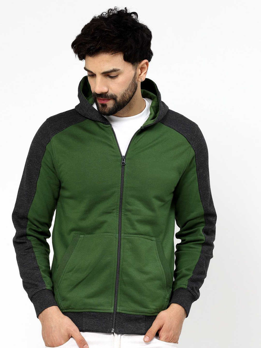 Kalt Men Full Sleeves Zipper Fleece Colourblocked Sweatshirt