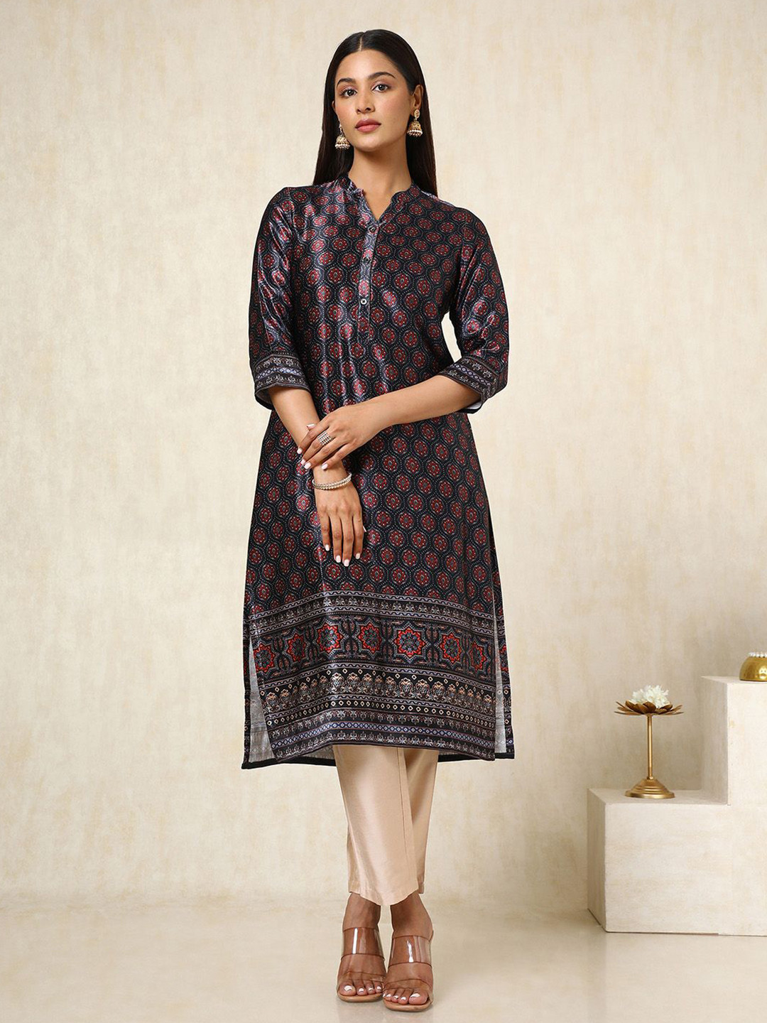 Soch Floral Printed Mandarin Collar Mashru Straight Kurta