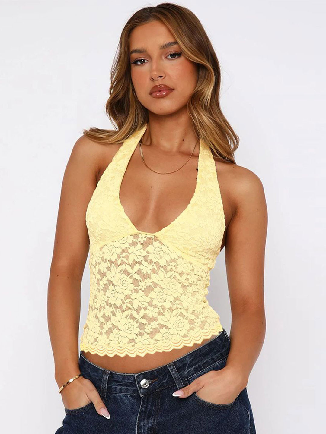 JC Mode Women Textured Lace Inserts Halter Neck Crop Fitted Top
