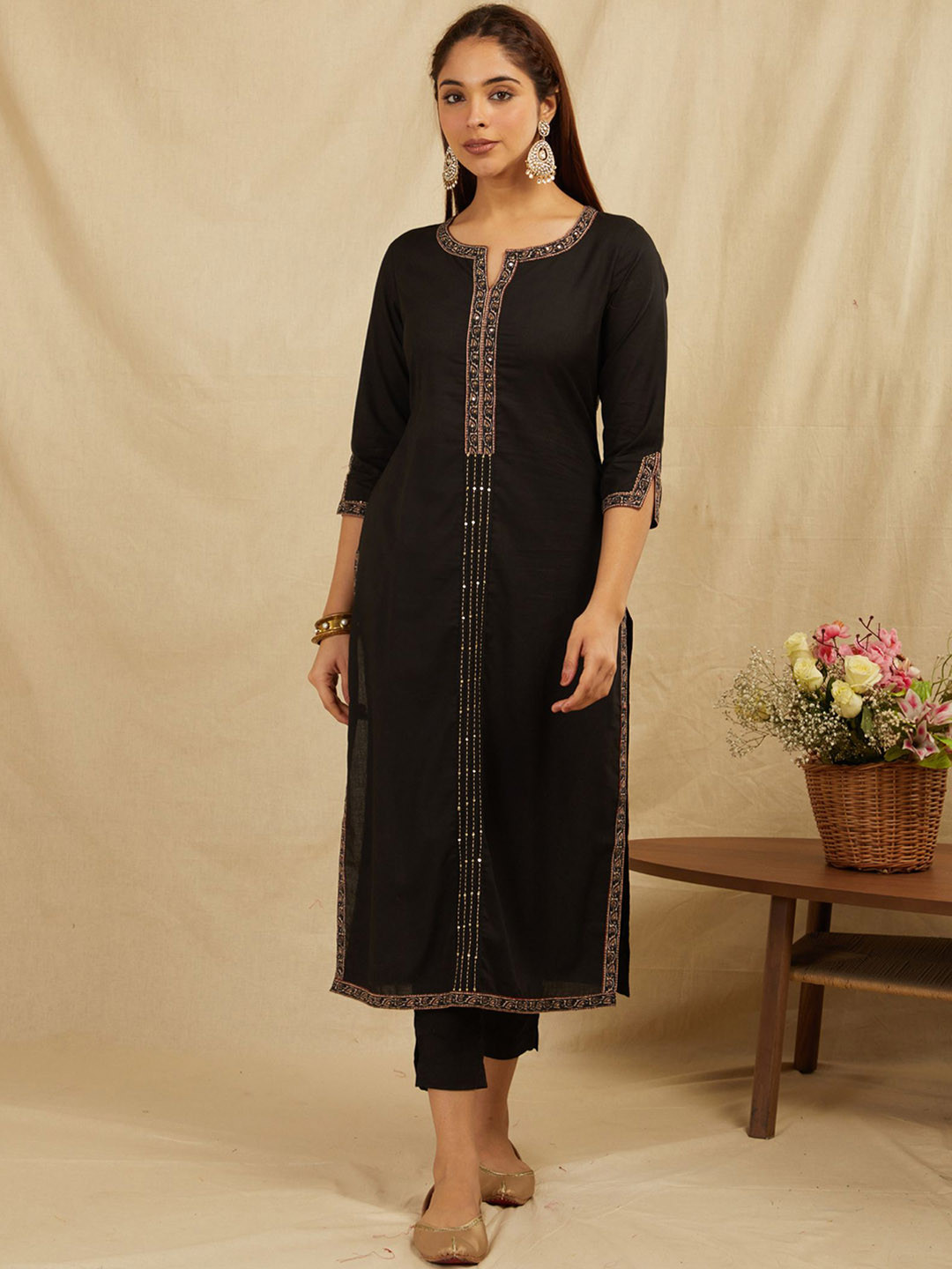 Bada Boota Floral Embroidered Notch Neck Sequinned Pure Cotton Straight Kurta With Trouser