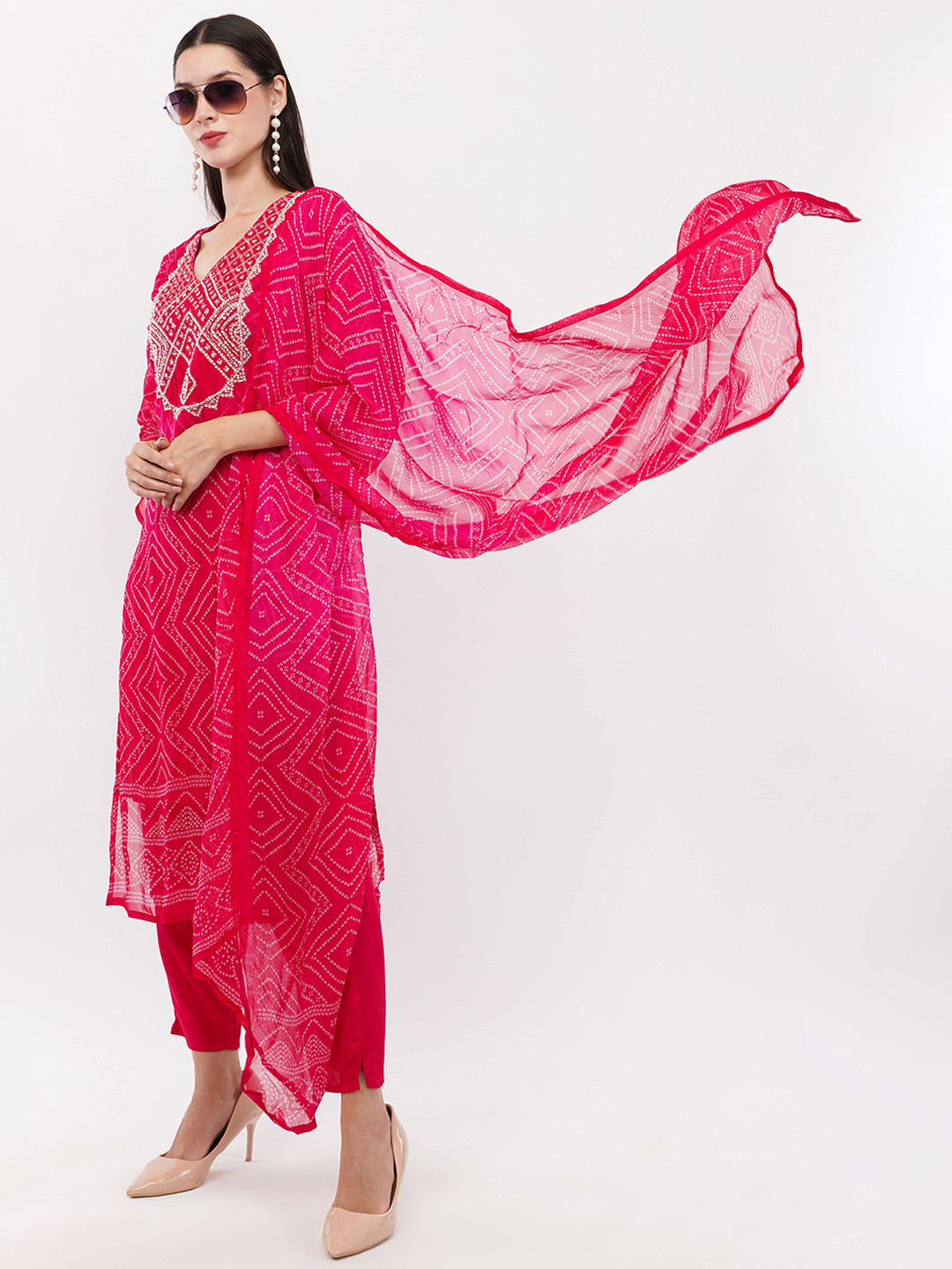dhartii Bandhani Printed Sequinned Straight Kurta with Trousers & Dupatta