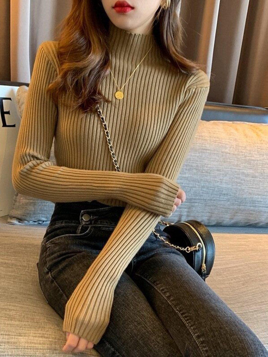 Outzidr Women Olive Ribbed High Neck Fitted Top