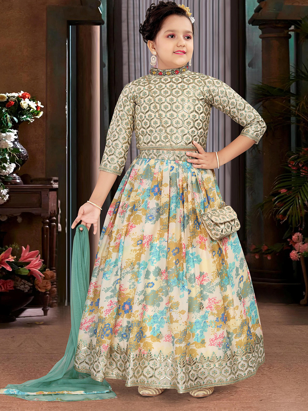 PINK LEAF Kids Embroidered Pure Silk Top With Skirt & Dupatta