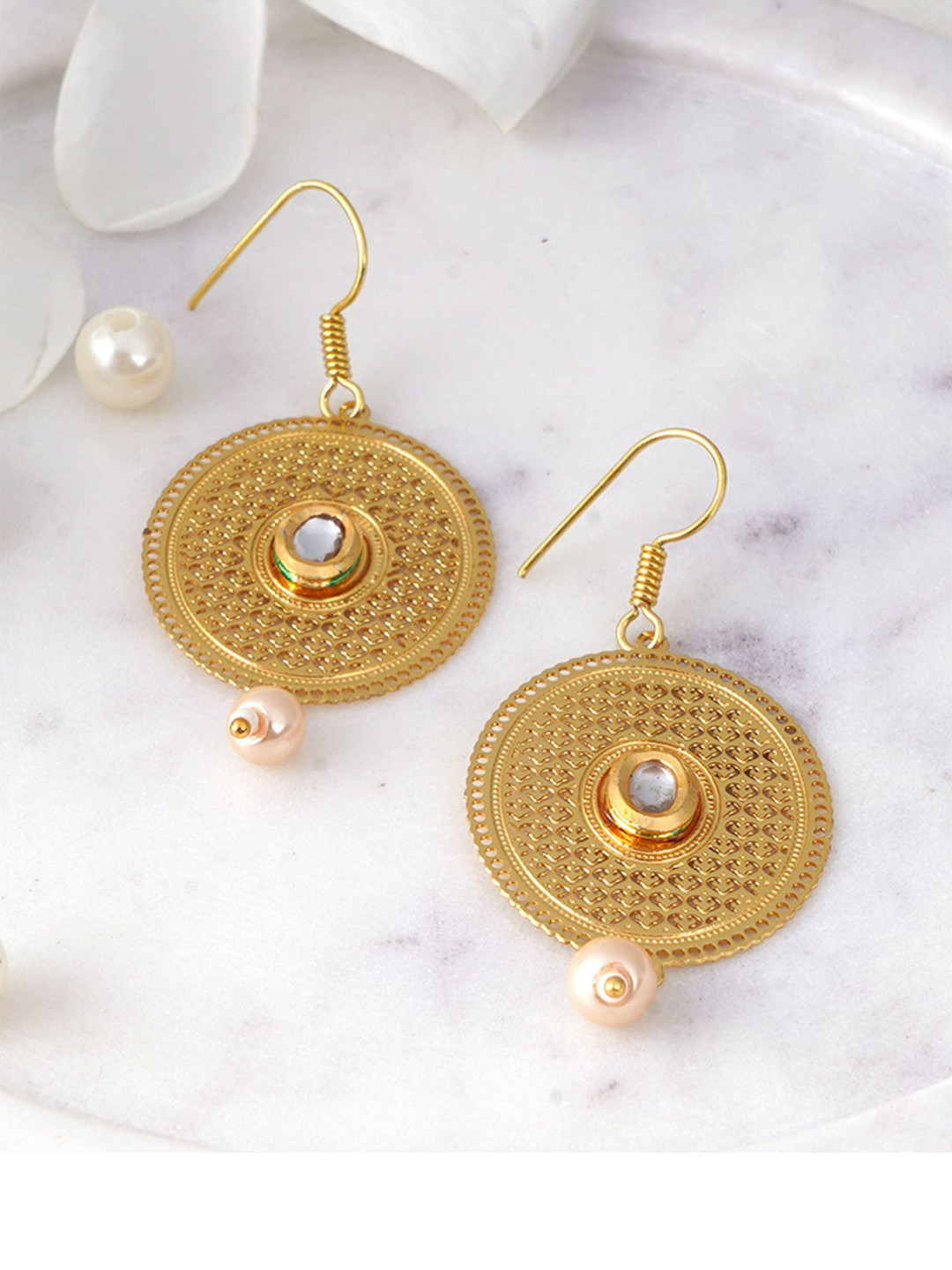 Anouk Gold-Plated Pearls Beaded & Kundan Studded Mandala Design  Drop Earrings