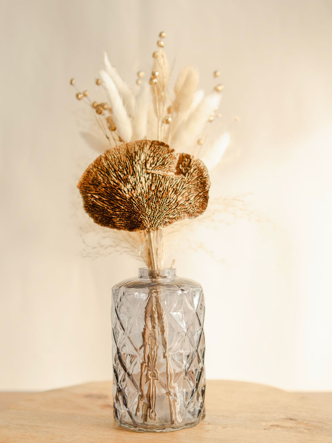 ArteCasa Vivid Grey & Transparent Textured Glass Vase With Bunch