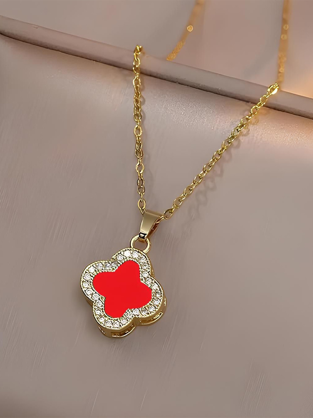 KARISHMA KREATIONS 1Stainless Steel 8K Gold-Plated CZ Studded Clover Pendant With Chain