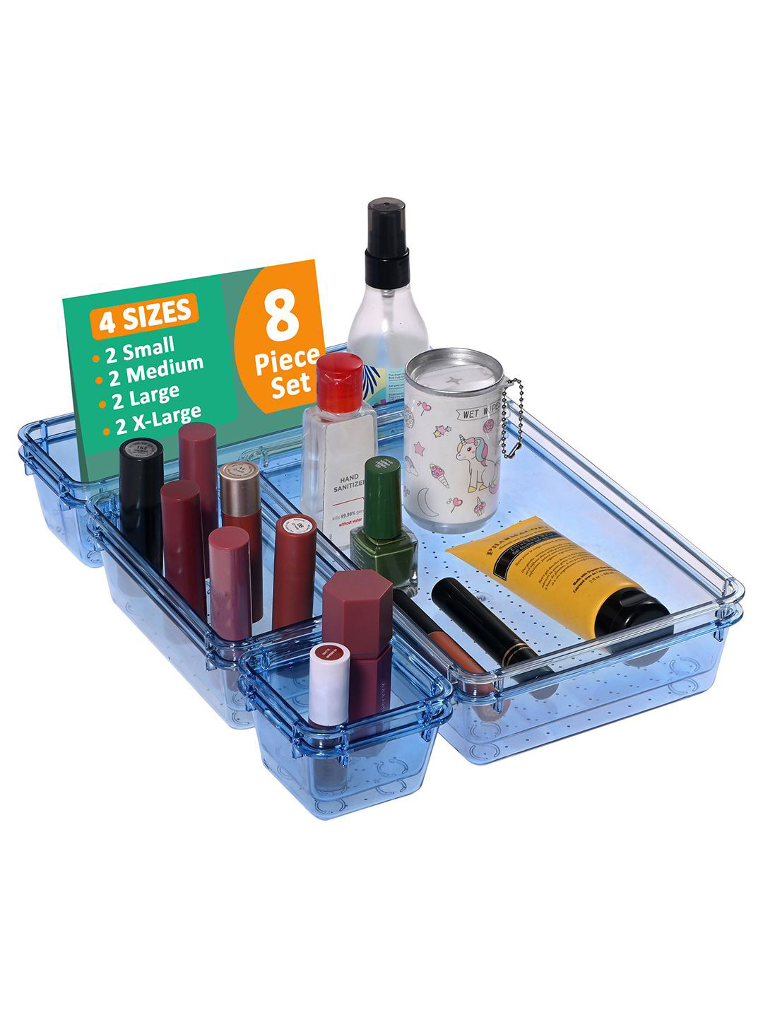 Kuber Industries Blue & Transparent 8 Pieces Makeup Organisers
