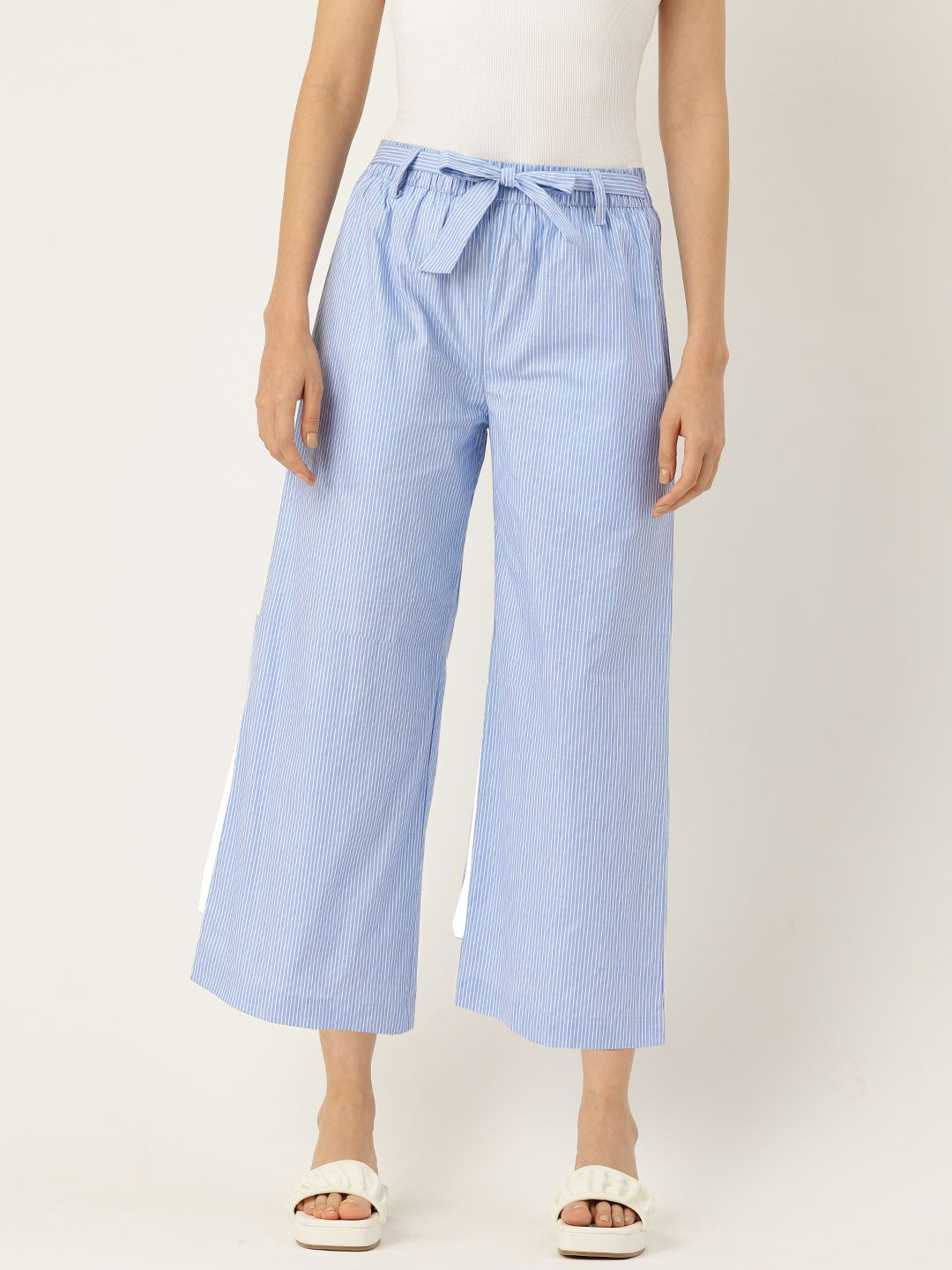 Molcha Women Striped Flared Cropped Cotton Palazzos