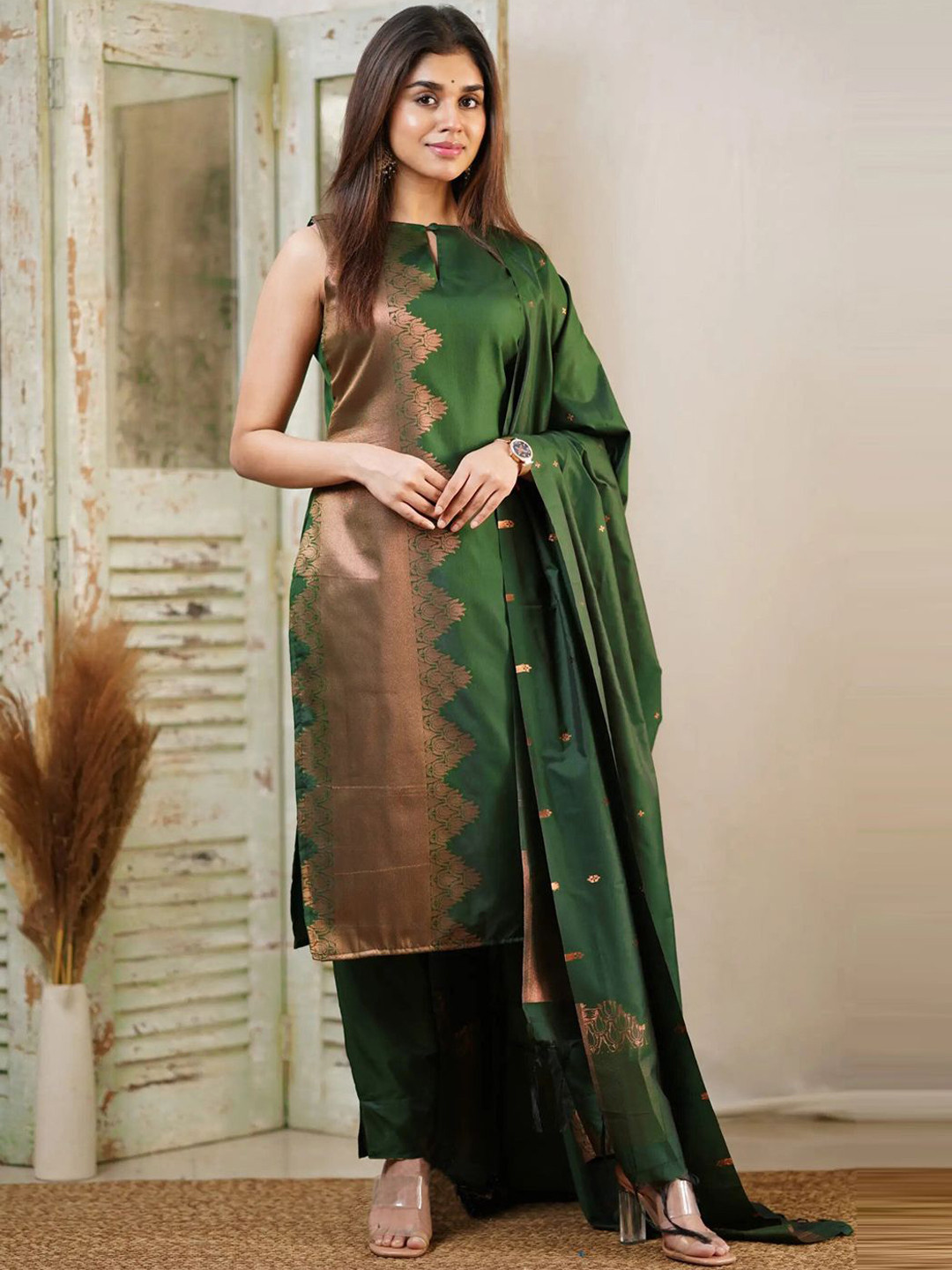 Siya Fashion Floral Woven Design Keyhole Neck Straight Kurta With Trousers & Dupatta