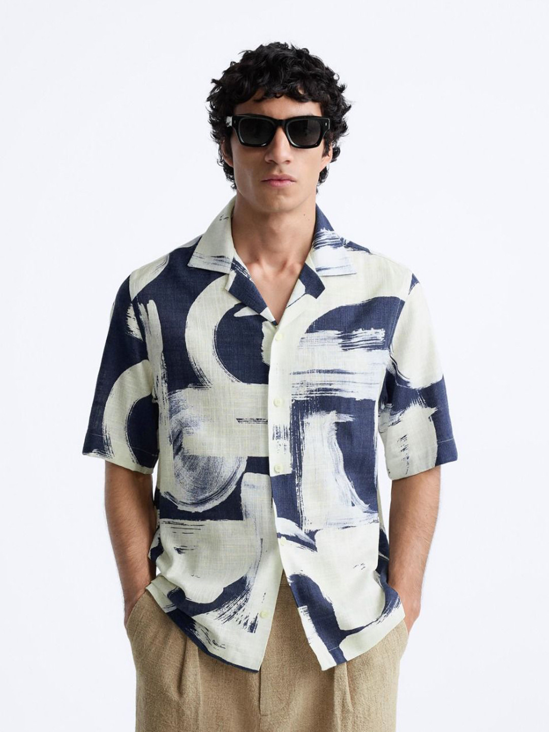 MISCHIEF MONKEY Men Classic Abstract Printed Cuban Collar Casual Shirt