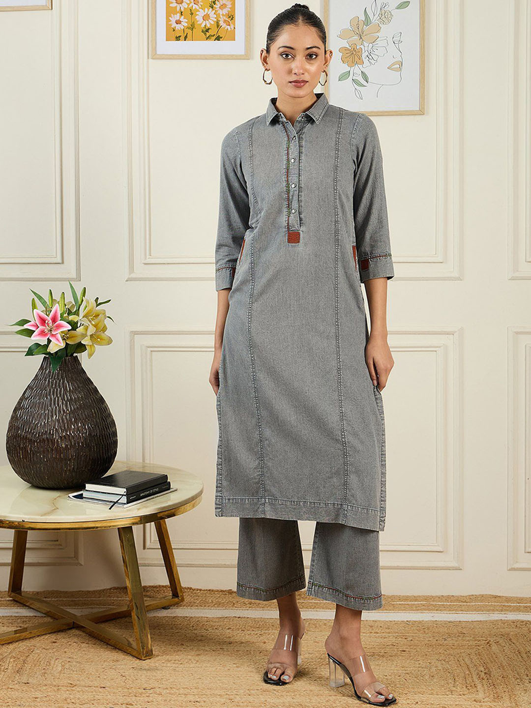 STADO Shirt Collar Thread Work Denim Straight Kurta With Trouser