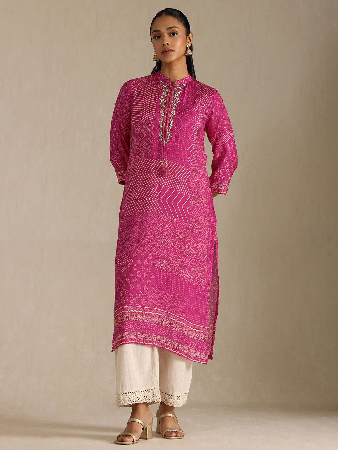 Soch Geometric Printed Tie-Up Neck Sequins Muslin Straight Kurta