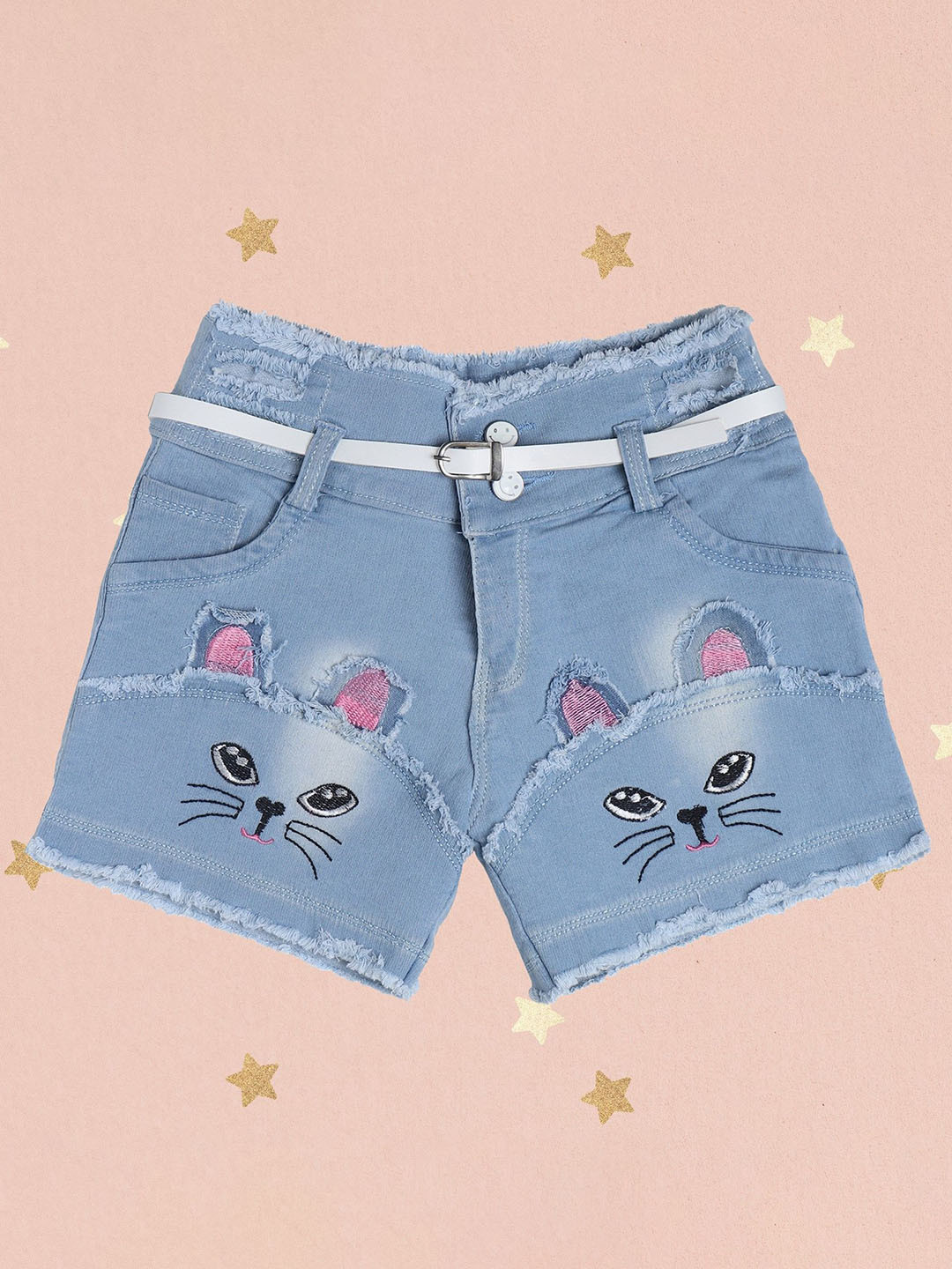 Miss & Chief Girls Conversational Washed Slim Fit High-Rise Denim Denim Shorts