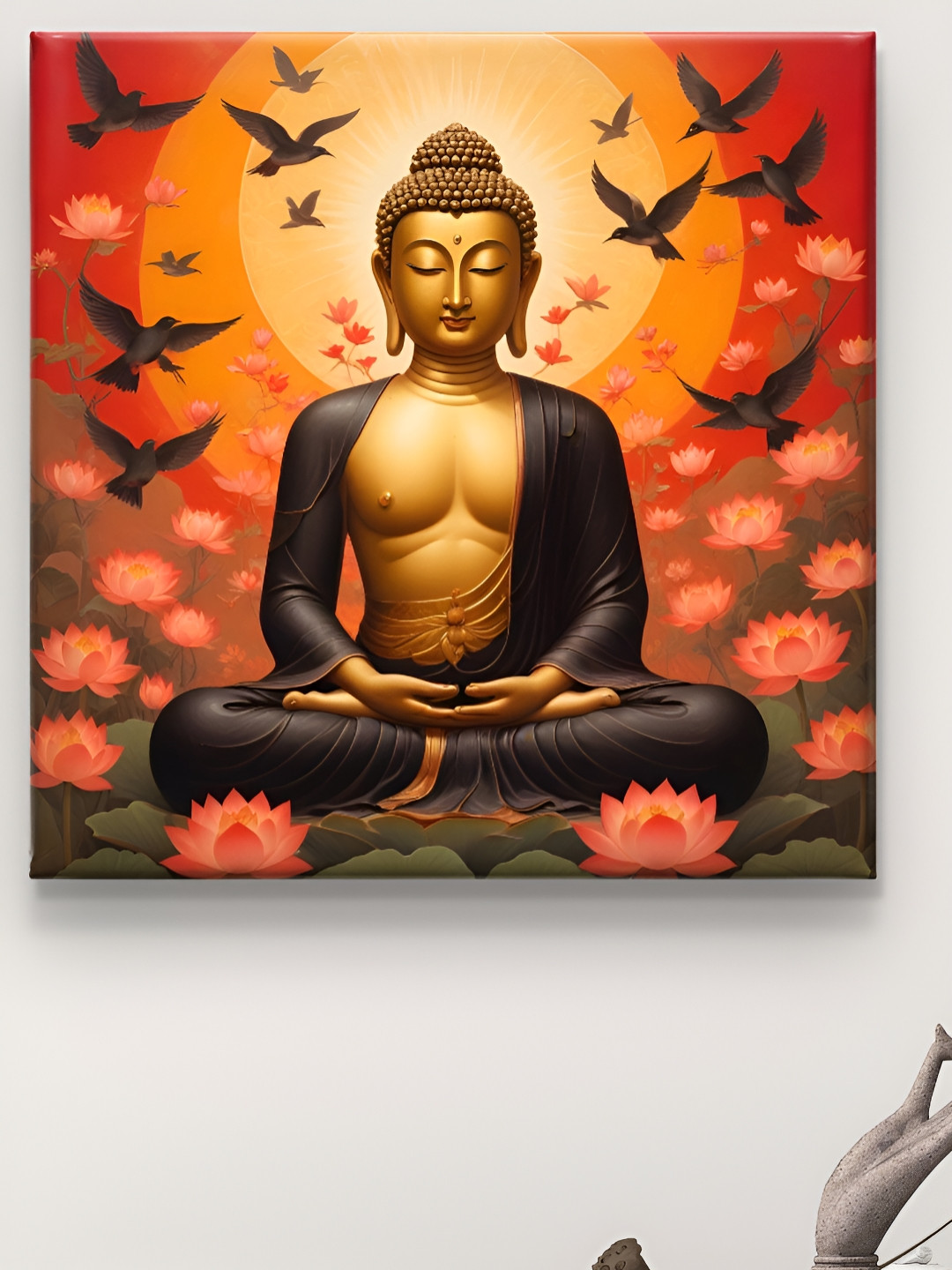 Livin'luxe Orange Colored & Gold Toned Lord Buddha Printed Canvas Wall Art