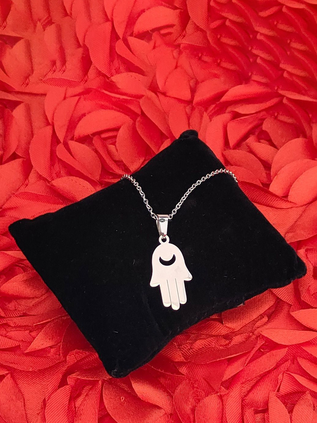 M Men Style Men Stainless Steel Silver-Plated Hand Shaped Pendant