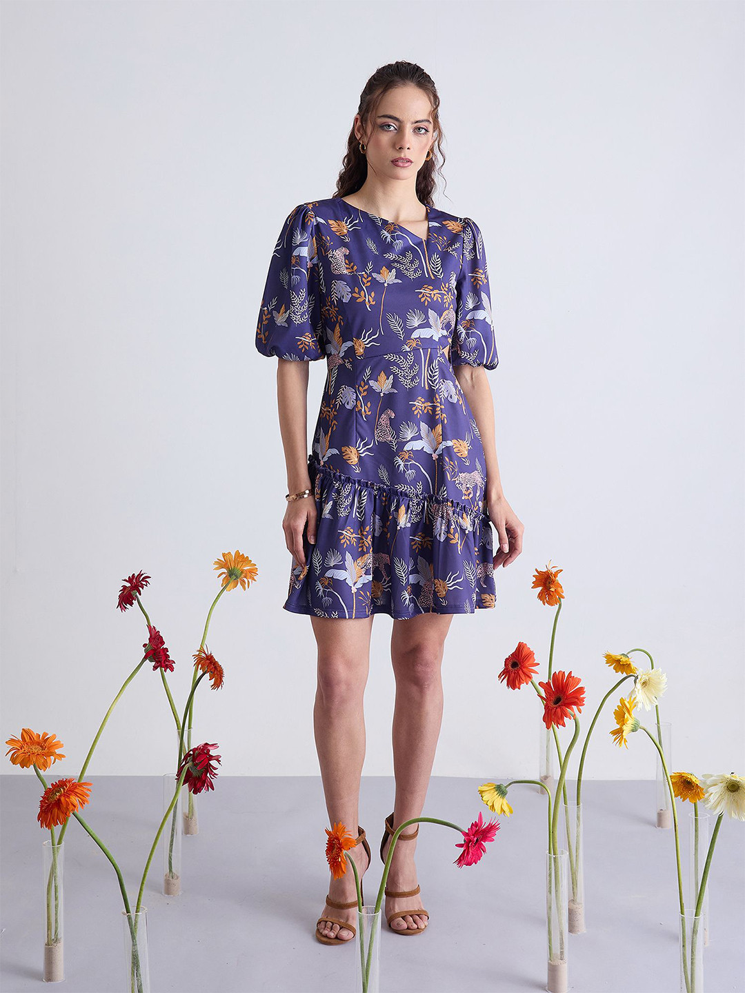 Kibo Women Animal Print Asymmetric Neck Dress